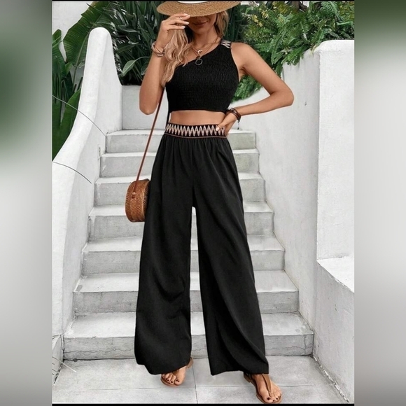 Pants - Women Black Wide Leg Pants Chevron Waistband XL (12)
